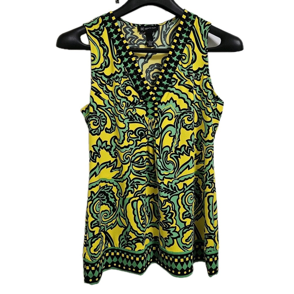 INC International Concepts Yellow Green Black Printed Long Sleeve Top